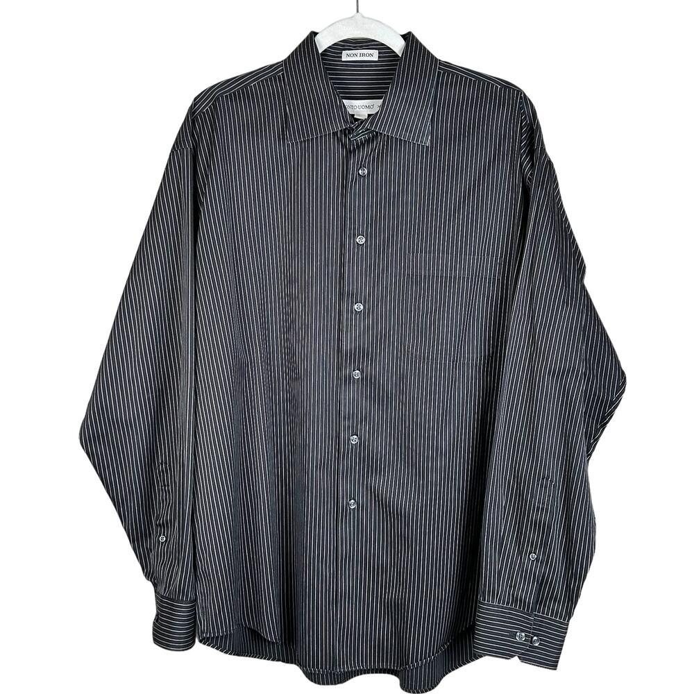 Pronto Uomo Men Shirt Size XL Black Cotton Non Iron White Red Pin Stripes